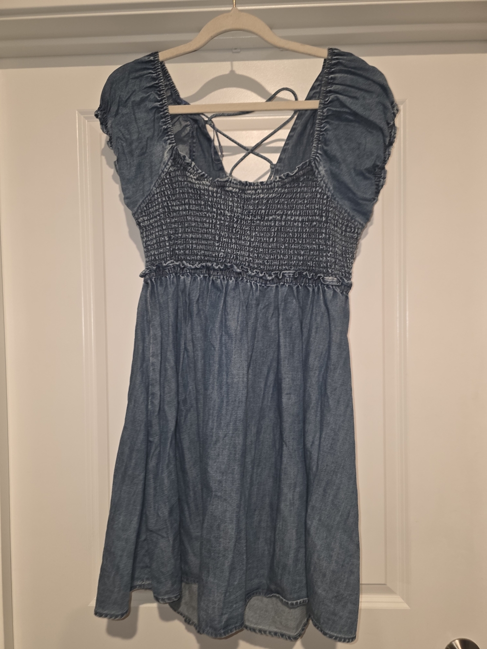 Free People Blue Denim Smocked Dress with Tie Detail